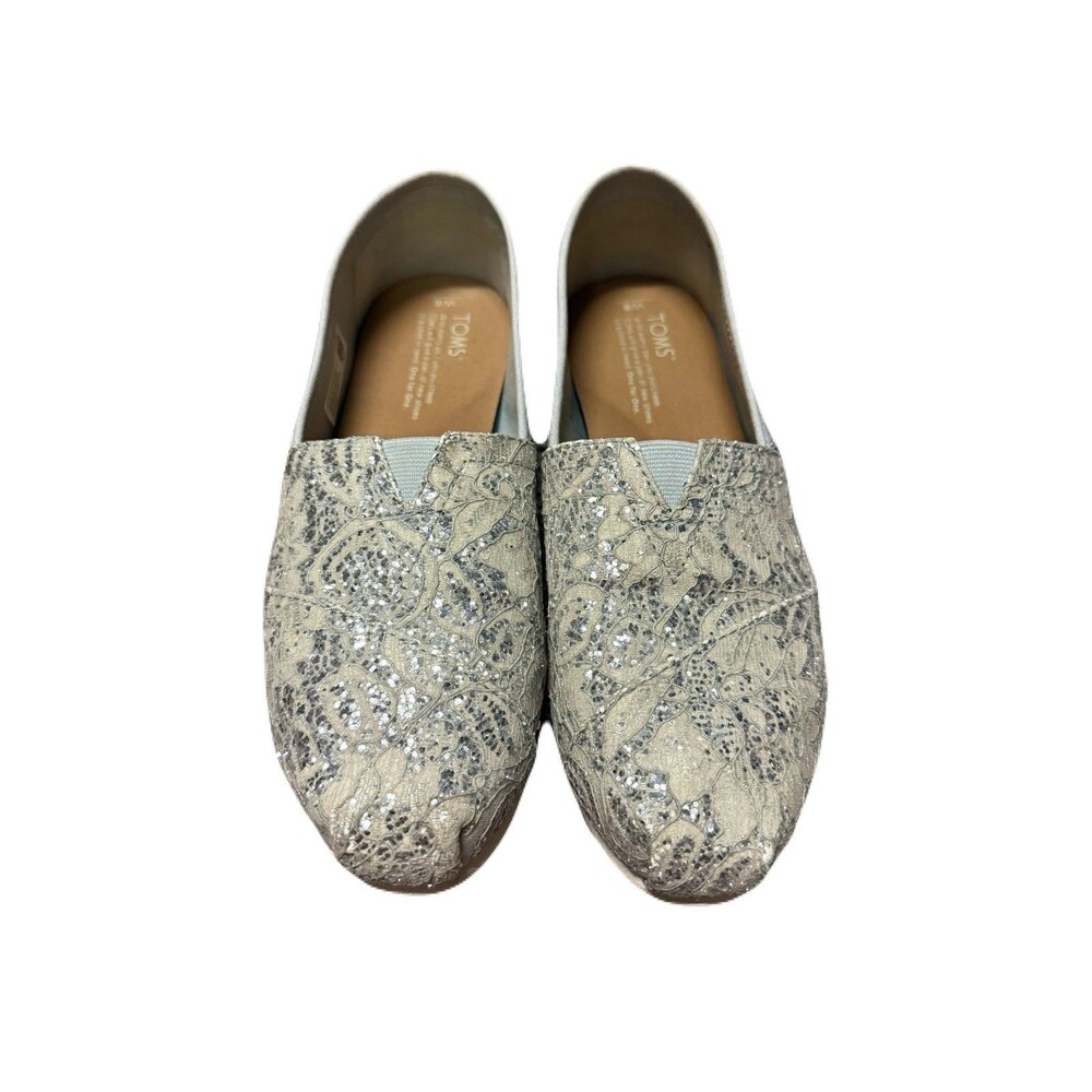 TOMS Women’s 8.5 Silver Glitter Lace Alpargata Slip On Shoes